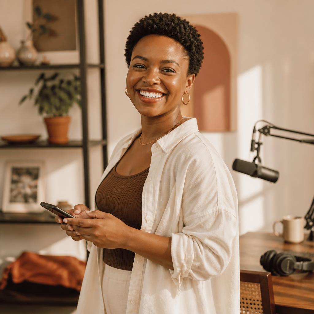 A podcaster checking her published marketing content on her phone